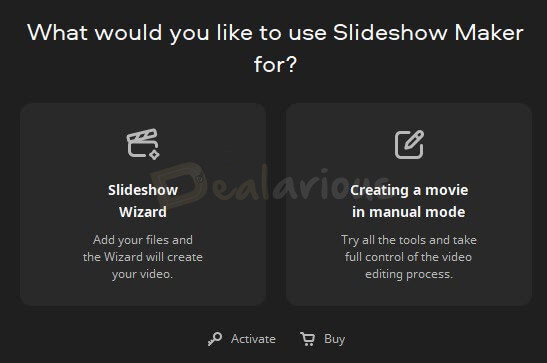 Movavi Slideshow Maker startup screen showing two options to create a slideshow