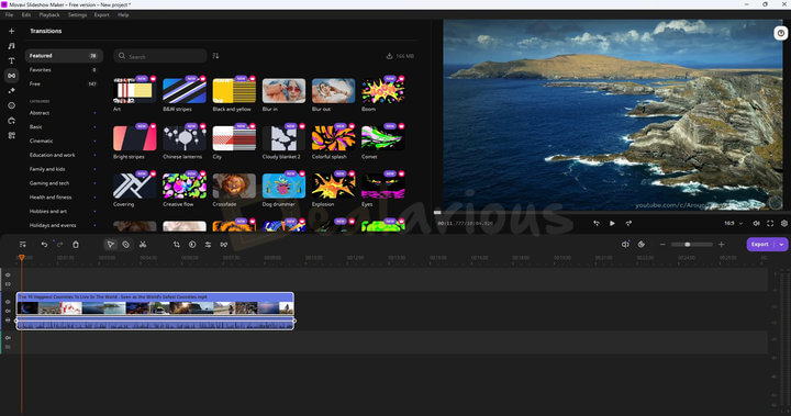 Movavi Slideshow Maker interface in Manual mode showing the media panel, preview window and timeline for slideshow editing