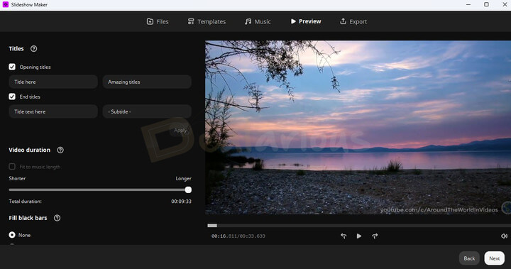 Movavi Slideshow Maker Slideshow Wizard screen showing options to add files, choose a template, add music, preview and export the slideshow