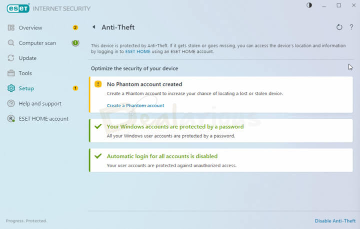 ESET Home Security Essential Anti-Theft feature interface displaying device protection status and security recommendations on Windows