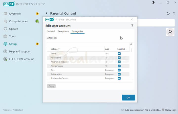 ESET parental control settings showing content categories and age-based filtering options on Windows.