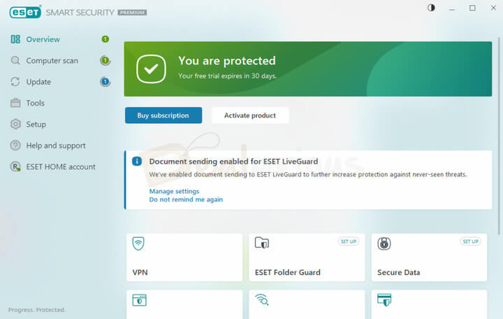 ESET Home Security Premium dashboard on Windows highlighting VPN, ESET Folder Guard, Secure Data encryption, and LiveGuard cloud protection.