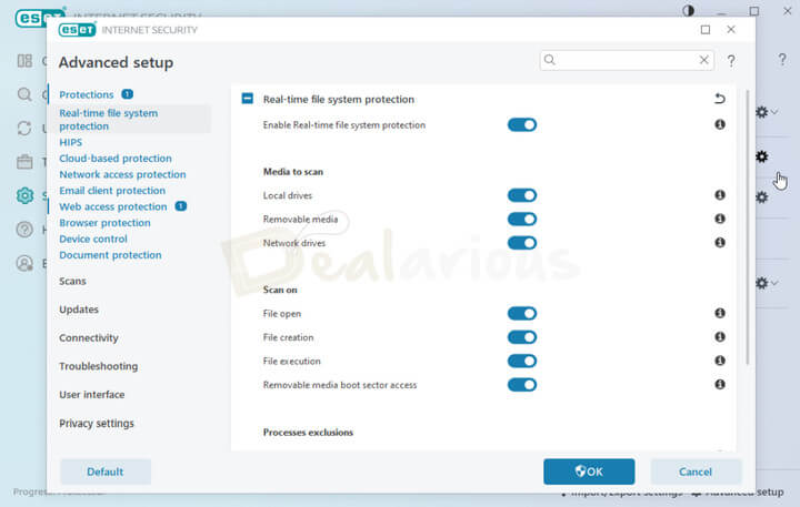 ESET Home Security Essential real-time file system protection settings showing scan options for local drives, removable media, and network drives.