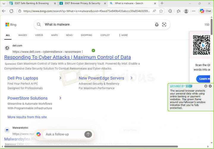 ESET Safe Banking & Browsing feature showing a secured browser window with green protection frame while browsing online.
