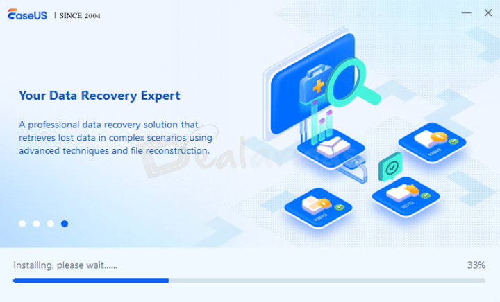 EaseUS Data Recovery Wizard installation screen with setup progress on Windows.