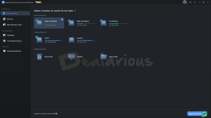 EaseUS Data Recovery Wizard Pro main interface displaying available internal and external drives, including partitions, storage usage, and options to scan locations like Recycle Bin, Desktop, or selected folders.