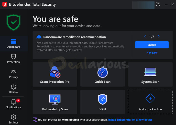 Bitdefender Premium Security Dashboard Bitdefender Premium Security dashboard with Scam Protection Pro and scanning shortcuts