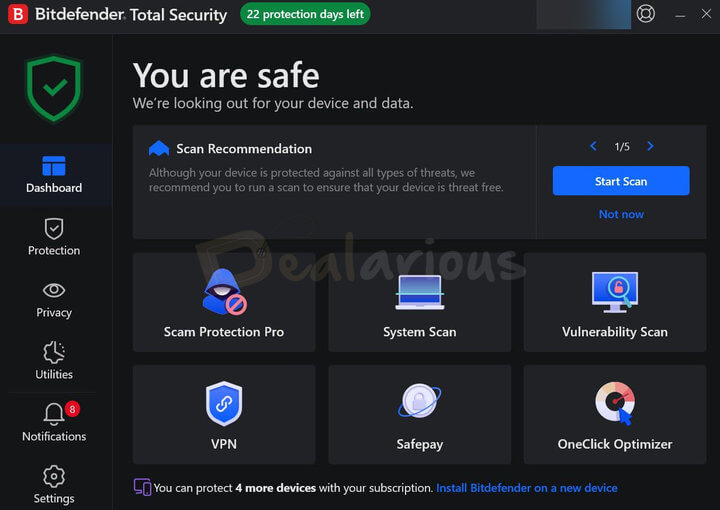 Bitdefender Ultimate Security dashboard showing security scan and protection features