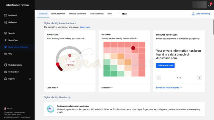 Bitdefender Ultimate Security Digital Identity Protection dashboard showing an 11/100 high-risk score and data breach alert.