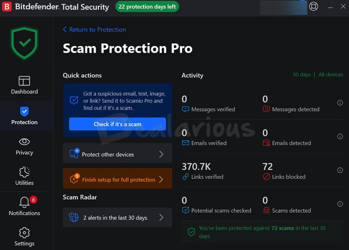 Bitdefender Ultimate Security Scam Protection Pro screen showing verified and blocked links.