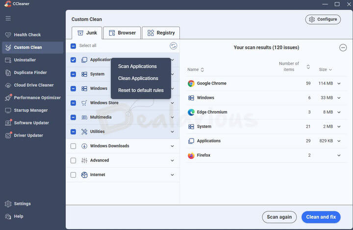 CCleaner Professional 7 Custom Clean Options CCleaner Professional 7 Custom Clean with Scan, Clean, and Reset to default rules options