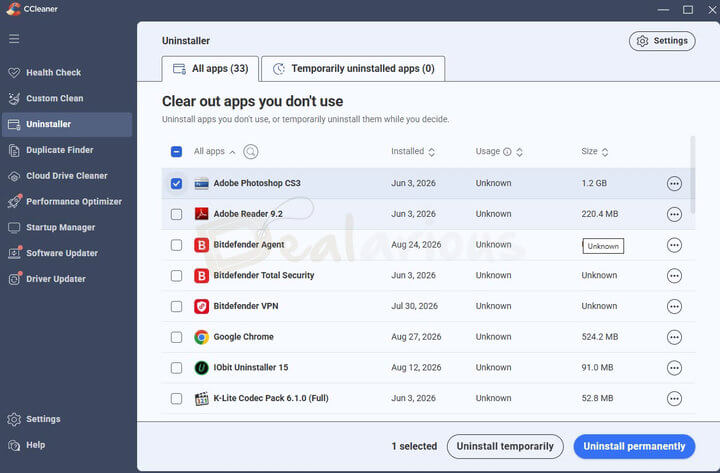 CCleaner Professional 7 Program Uninstaller CCleaner Professional 7 Uninstaller showing installed apps and temporary or permanent uninstall options