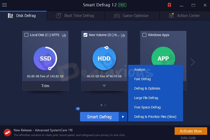 IObit Smart Defrag 12 HDD Defragmentation Options IObit Smart Defrag HDD defragmentation options showing Analyze, Fast Defrag, Defrag & Optimize, Large File Defrag, and Free Space Defrag