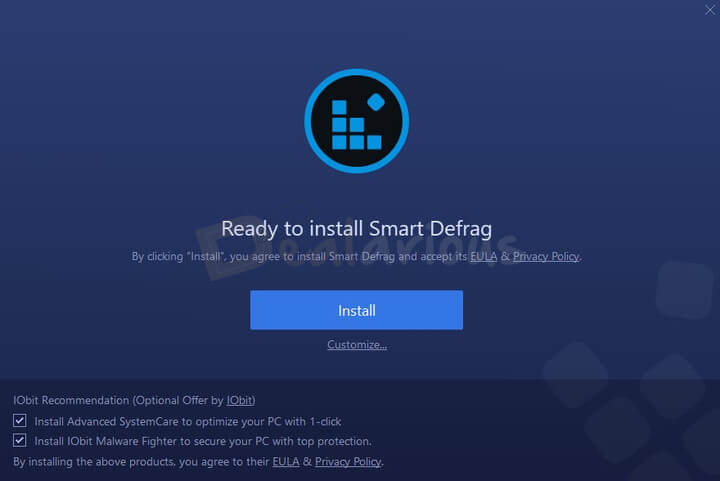IObit Smart Defrag 12 Installation and Optional Offers IObit Smart Defrag installation screen showing optional offers for Advanced SystemCare and IObit Malware Fighter