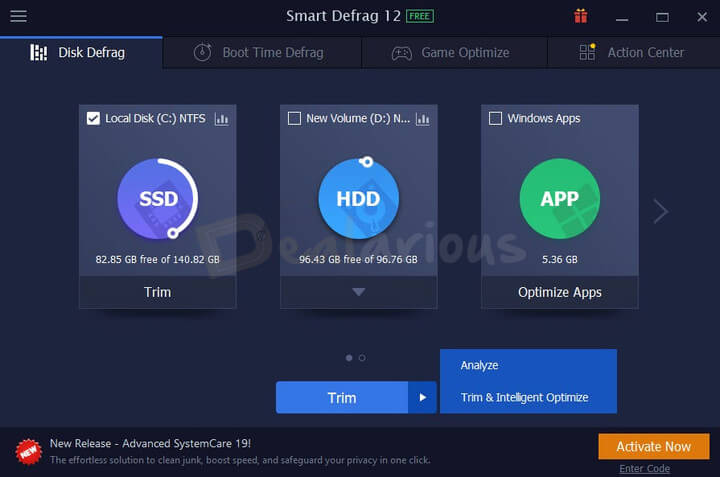 IObit Smart Defrag 12 SSD Trim Options IObit Smart Defrag SSD Trim menu showing Analyze and Trim & Intelligent Optimize options
