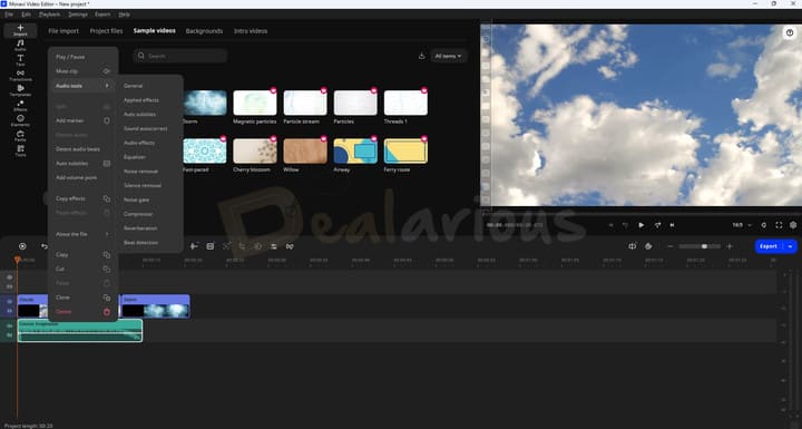 Movavi Video Editor 27 audio tools menu with auto subtitles, audio effects, and silence removal