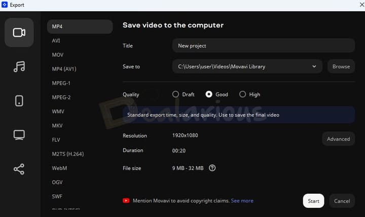 Movavi Video Editor 27 export options with video formats and quality settings