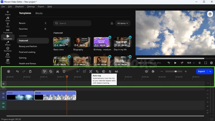 Movavi Video Editor 27 timeline with sample video and editing tools