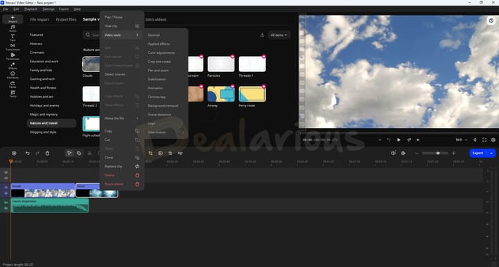 Movavi Video Editor 27 video tools menu with stabilization, chroma key, and background removal
