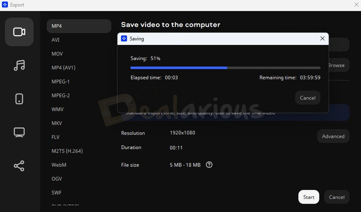 Movavi Video Suite 2027 export progress dialog showing a 1080p MP4 video being saved.
