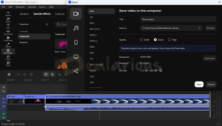 Movavi Video Suite 2027 export window showing MP4 format, video quality options, 1920 × 1080 resolution, estimated file size, and export settings for a video project.