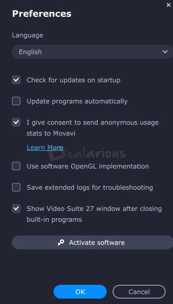 Movavi Video Suite 2027 preferences window showing anonymous usage data consent option enabled by default.