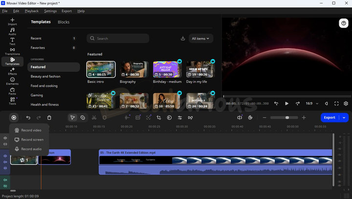 Movavi Video Suite 27 Video Editor workspace showing the Templates panel, video preview, and timeline with a 4K video clip and audio track.