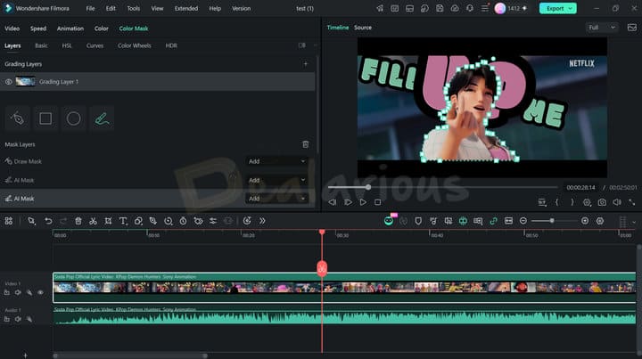 Color Mask tool with an AI mask applied to a person in the video preview.