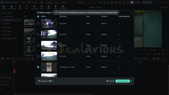 Wondershare Filmora AI Media Analysis window showing video clips selected for AI analysis and the credits required for processing.