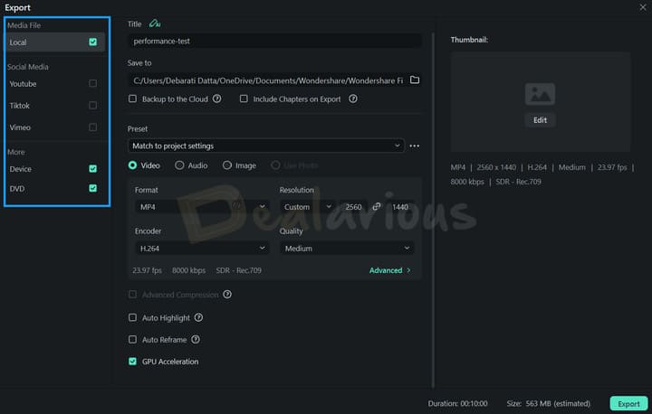 Wondershare Filmora export window showing MP4, 2560×1440 resolution, H.264 encoding, and GPU acceleration settings.