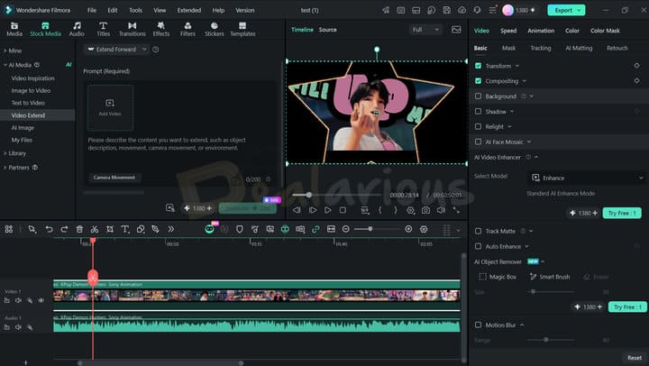 Filmora 16 editing interface showing the AI Video Extend tool, video preview, editing timeline, and AI video enhancement options.