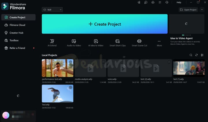 Wondershare Filmora 16 home screen showing Create Project, AI video tools, and recent local projects.
